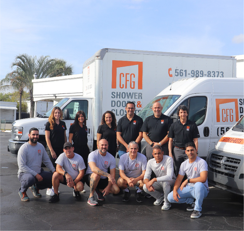 CFG Shower Doors and Closets Team in front of their fleet of vehicles